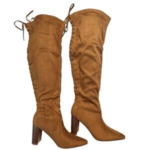 Brown Over-The-Knee Suede Boots Women Size 9.5 Lace-Up Fashion 3.75 In Heels NEW